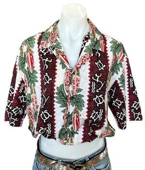 Hawaiian Shirt Surfboard Button Down Crop Top One Size Boxy Oversized Unique